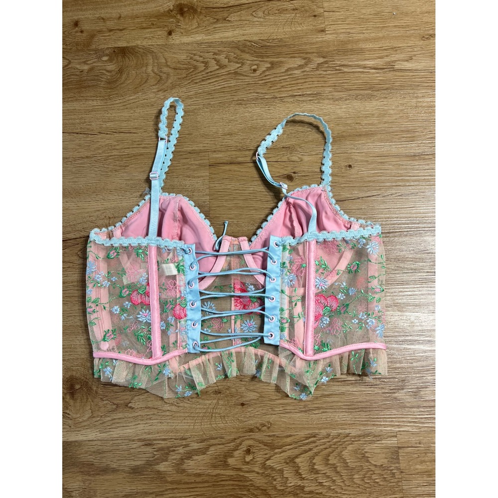 For Love & Lemons M Floral Embroidered Mesh Corset Bustier Lace Up Pink Blue - Picture 2 of 4